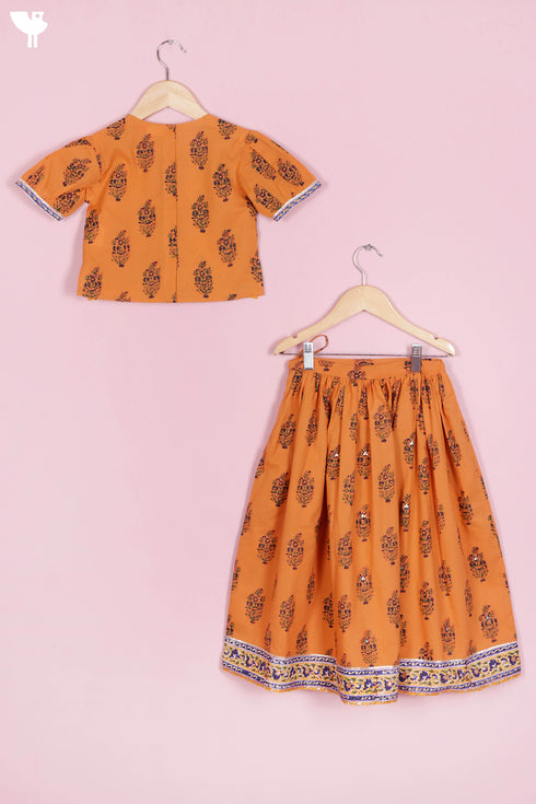 Cotton Lehenga Set In Floral Block Print
